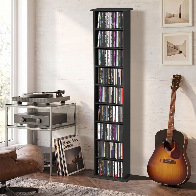 Étagère de rangement pour DVD à 9 niveaux avec tablettes réglables noires, Noir mat