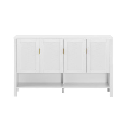 Buffet de rangement 55,1 po avec 4 portes, buffet multifonctionnel avec tablette ouverte et 2 tablettes réglables, armoire moderne avec crochets doubles, convient au salon, au couloir, à la salle à manger et au bureau.