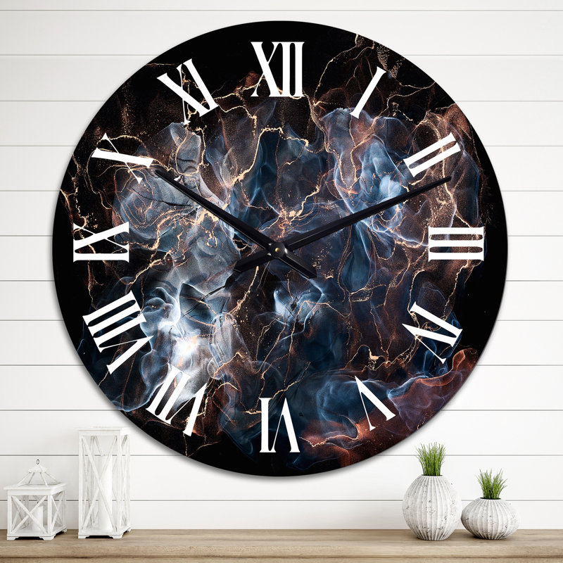 Black and Blue Liquid Art on Blue - Modern Wall Clock, Medium