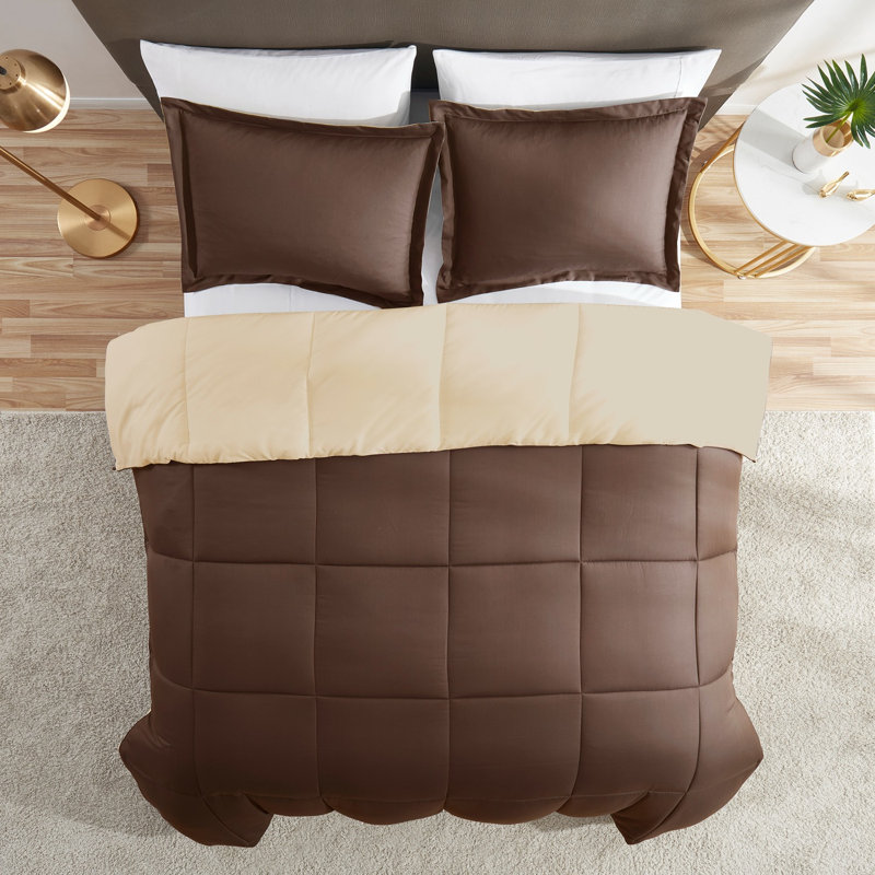 All Season Down Alternative Reversible Comforter Set, Cream/Brown, Queen Comforter + 2 Standard Shams