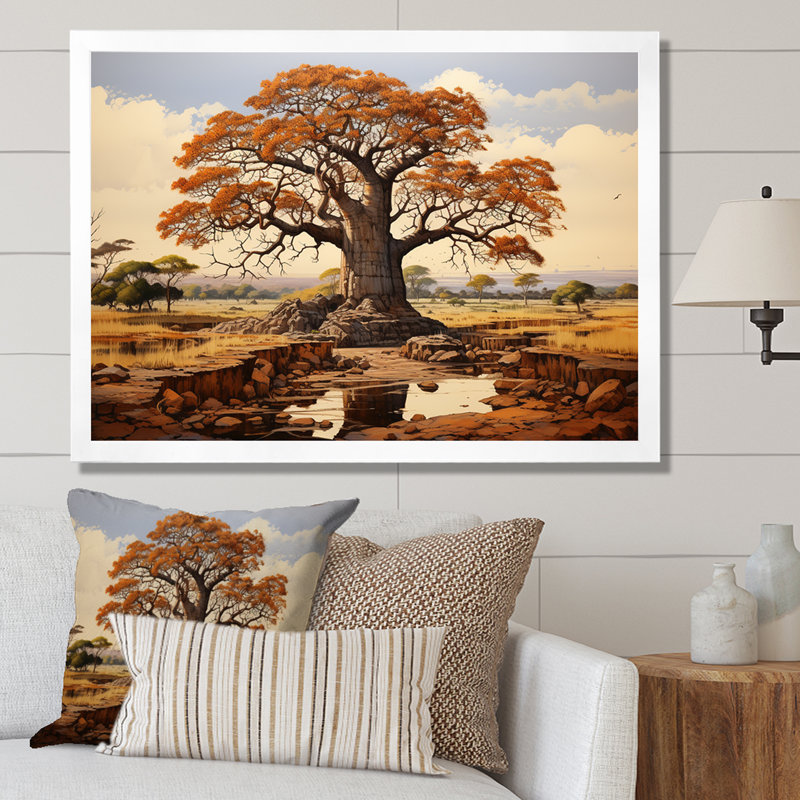 «African Baobab Savanna Landscape I - Tree Baobab», art mural encadré, Cadre photo blanc, H 24 po x l 32 po x P 1 po