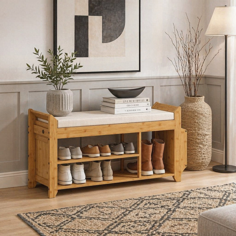 Banc de rangement pour hall d'entrée avec sièges rembourrés confortables et structure en bambou naturel, parfait pour les espaces étroits