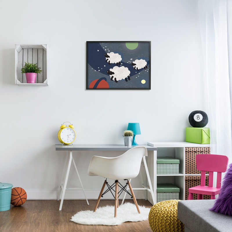 Moutons dans l'espace, L 24 po x H 30 po, Giclée encadrée noir minuit