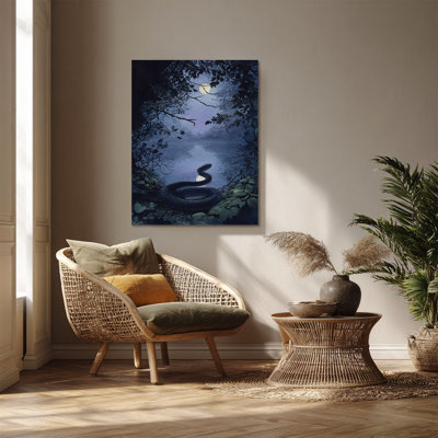 Serpent enroulé par Moonlit Lake Crescent Moon Forest - Art mural sur toile tendue - Décoration de salon, de chambre à coucher ou de bureau