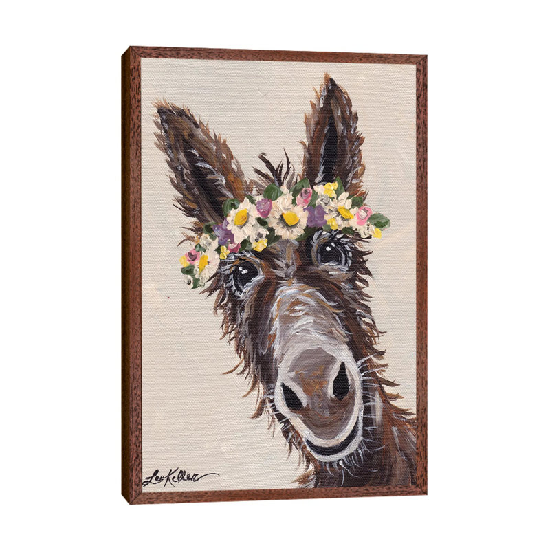 Donkey With Flower Crown - Painting on Canvas, 66.04 cm H x 45.72 cm W, Classic Brown Wood Framed Canvas