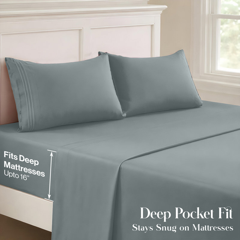 Lux Decor 4-Piece Ultra Soft Microfiber Sheet Set Deep Pocket Fitted Sheet, Wrinkle-Resistant & Easy Care Bedding, Gray