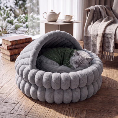 Lit-grotte à capuchon pour chat, lit de chat rond et apaisant pour chats d'intérieur et petits chiens - refuge autochauffant confortable - lavable à la machine - 50 cm (19,7 po) - couleur: gris - taille: 50 cm