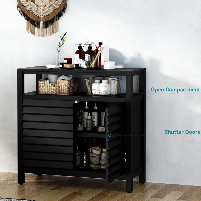 Black Louvered Door Accent Cabinet with Open Shelf