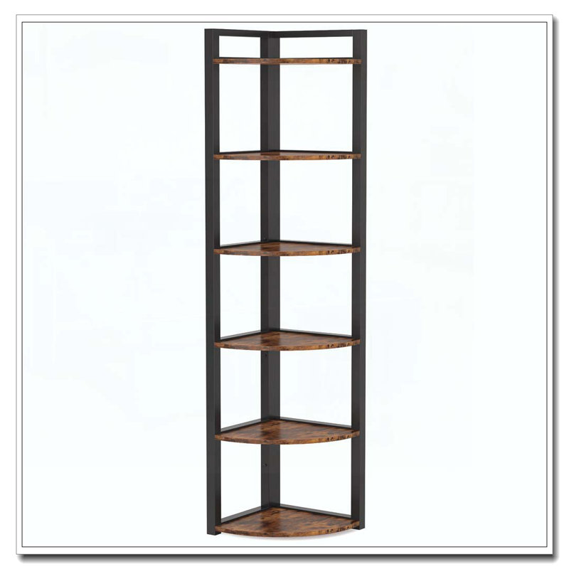 70.87" Tall 6-Tier  Corner Bookshelf Storage Shelf For Living Room & Office, Rustic Brown/Black