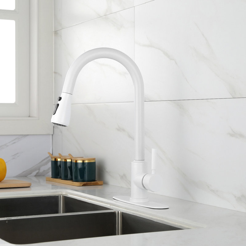 Robinet de cuisine blanc en acier inoxydable, douchette extractible pour une cuisine élégante et pratique, buse rotative à 360 °, deux réglages de débit d'eau, efficacité en une seule opération facile,