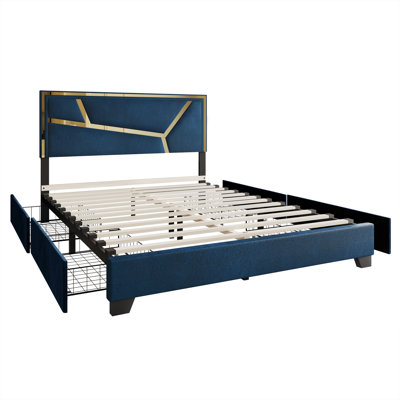 Lit plateforme double avec rangement en velours bleu marine