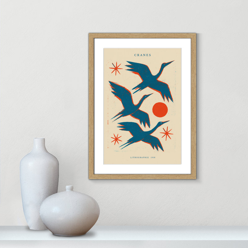 Cranes lithographie Print by Treechild, L 17 po x H 23 po, Matted Print, Naturel
