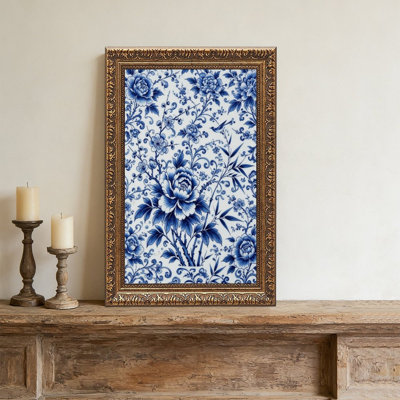 Cadre mural vintage orné de fleurs bleues et blanches (2) – Cadre doré décoratif pour art.
