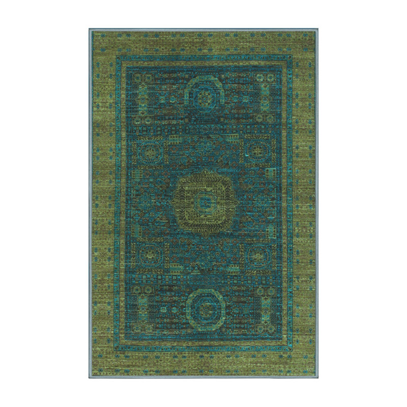 Tapis oriental en laine / polyester tissé à la machine en bleu / jaune / brun, Rectangle 5 pi x 8 pi