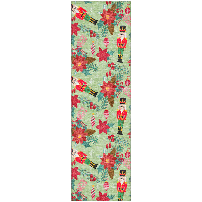 Premium Machine Washable Dockside AMF1822 Nutcracker and Poinsettia Rug, Runner 2'3" x 7'6"