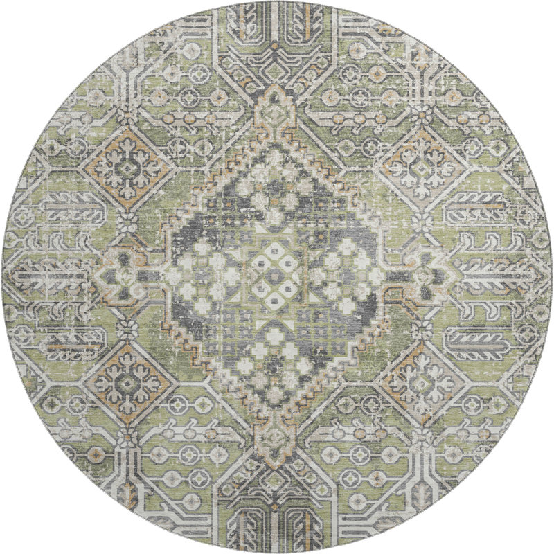 Premium Machine Washable Mayfield AMF2197 global Rug, 8' Round, Aloe