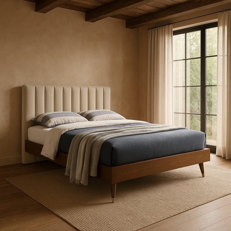 Lit plateforme tapissier Scholz, Très grand lit, Tissu beige texturé en lin