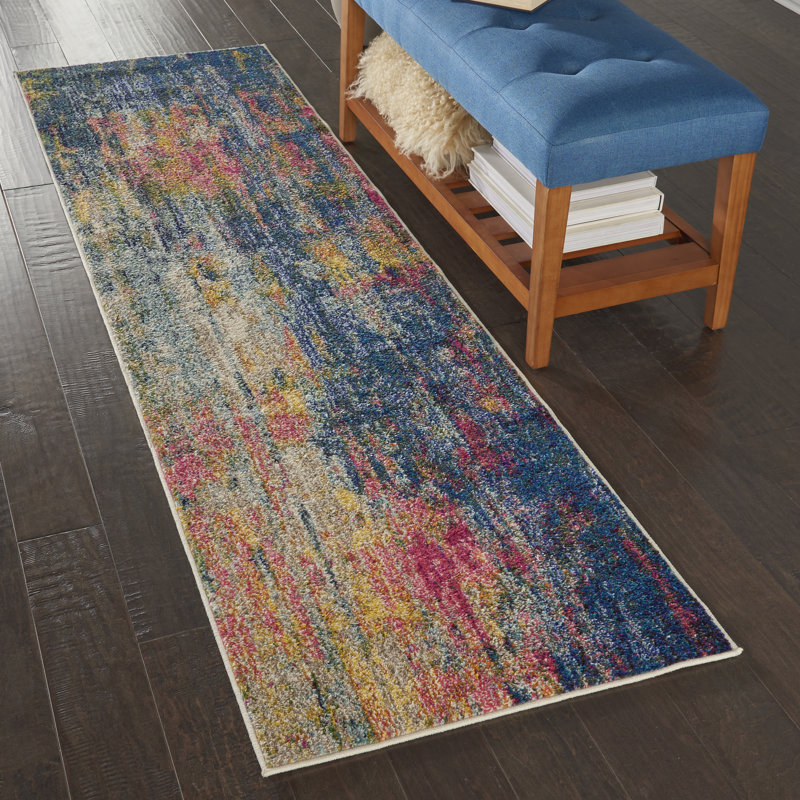 Tapis bleu contemporain contemporain, Tapis de couloir 2 pi x 6 pi