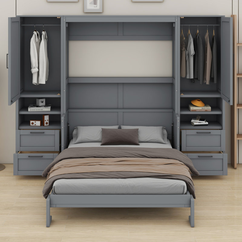 Lit escamotable mural avec placard intégré, tiroirs et tablettes Murphy, Gris
