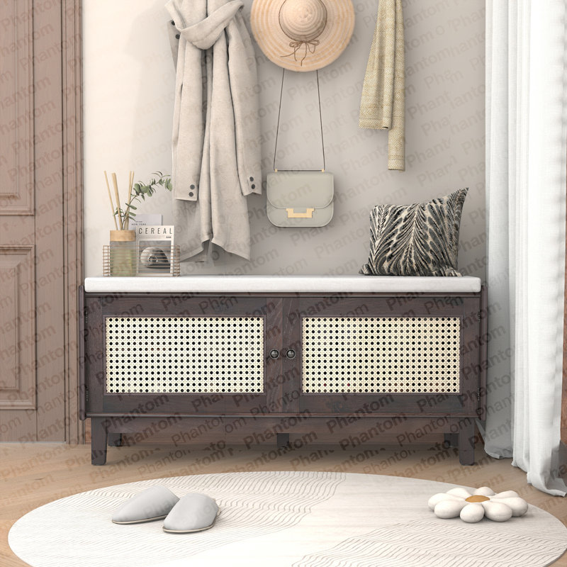 Banc d'entrée en rotin avec rangement Boho, Espresso