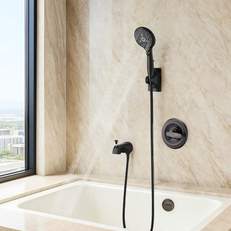 Bec de baignoire relevable en bronze huilé avec douchette à main, 6 jets, anticorrosion, interrupteur tactile pour la douchette, fonction marche/arrêt et pause, compatible avec les filetages 1/2 po ou 3/4 po autonettoyant