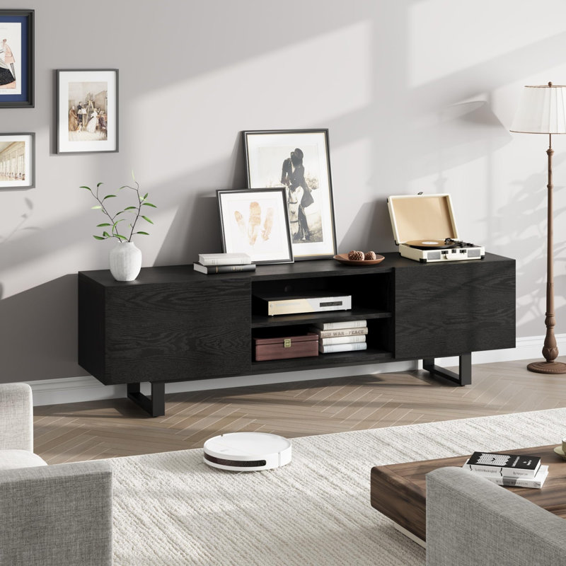 Meuble télé industriel pour téléviseur de 65 à 80 pouces - Meuble audio-vidéo moderne en bois avec 2 tiroirs de rangement, tablettes ouvertes, pieds en métal robustes - Console média pour le salon ou la chambre à coucher - Noir