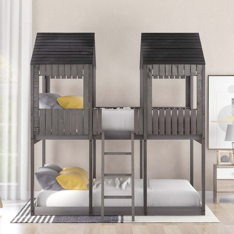 Full Over Full Woodbunk Bed With Roof, Window, Guardrail, Ladder, Antique Gray