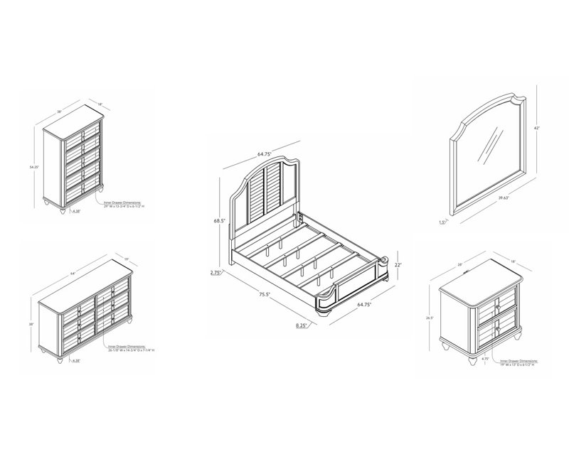 Kaufmann White Queen 5PC Bedroom Set, 5 Pcs: Bed, 2 Dressers, Nightstand, Mirror, Queen