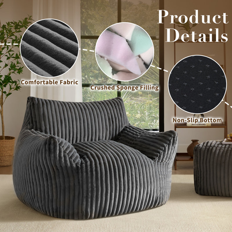 Bean bag chair comes with a spacious size, corduroy loveseat., Dark Grey Cotton Blend