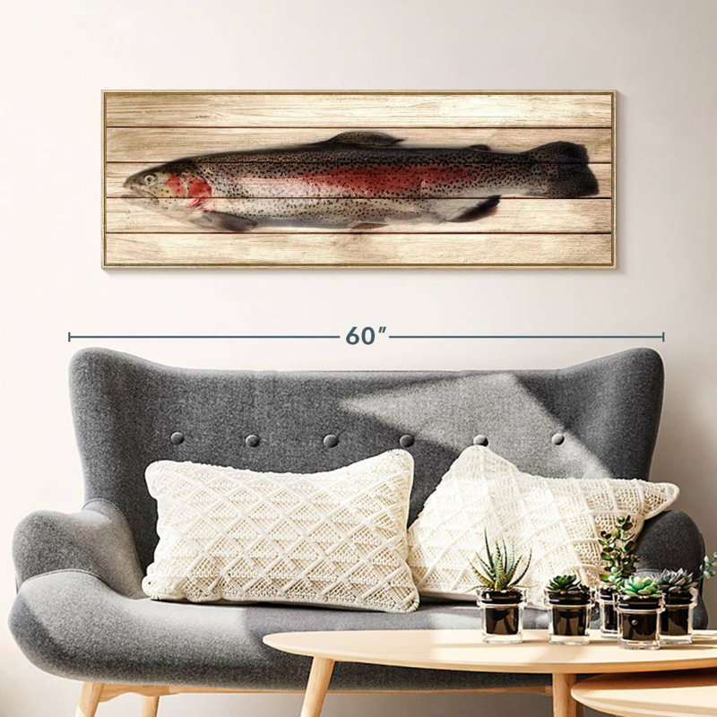Trout, 46" X 16", Floating Frame Natural Wood