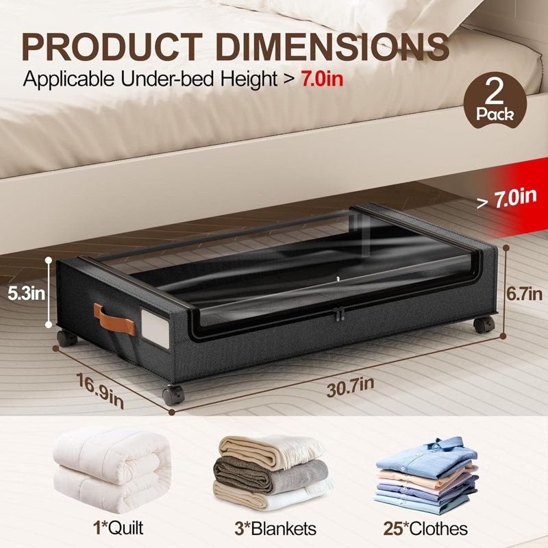 Under Bed Storage With Wheels, 2 Pack Under Bed Storage Containers With Clear Lid, XXL 60L Underbed Storage Bins, Rolling Under Bed Metal Drawers For Clothes, Blankets, Shoes, Black