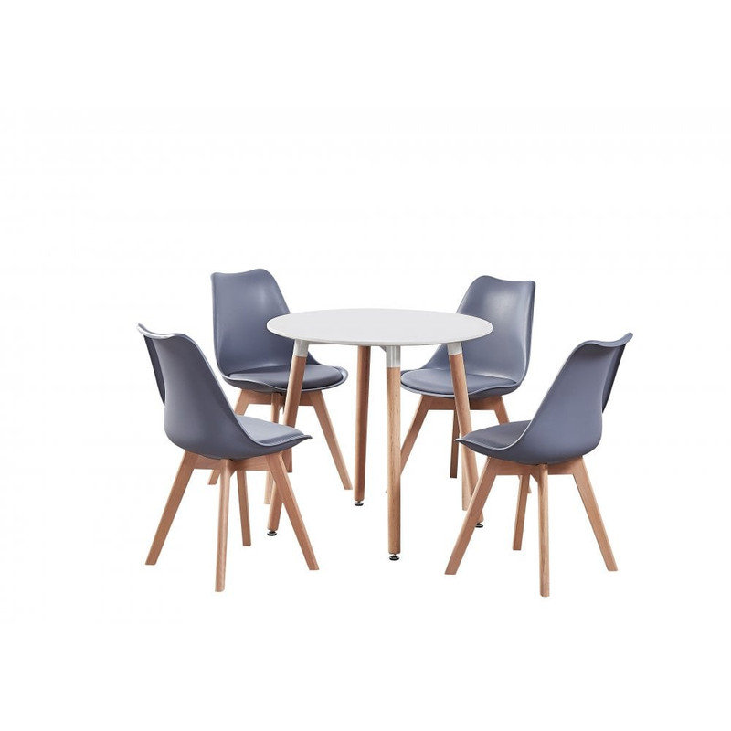Christy 4 Person Dining set - a Round Plastic Dining Table with Wooden Legs and a Set of 4 Faux Leather Cushion Padded Dining Chairs for Dining Room - Modern Dining Table Set