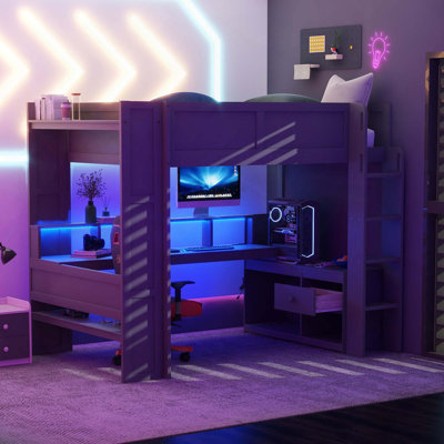Lit mezzanine avec bureau, tablettes multi-rangements, lumière DEL et station de charge pour bureau et rangement
