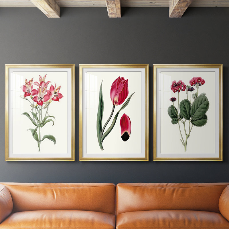 Roseat Blooms I - impression encadrée sur mesure de qualité supérieure mate - 3 pièces, H 19 po x l 27 po, Doré