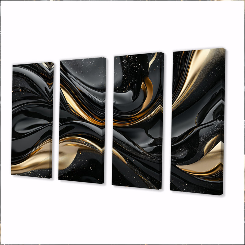 Captivating Gold and Black Marble I - Ensemble de décorations murales vagues abstraites modernes, H 32 po x l 64 po
