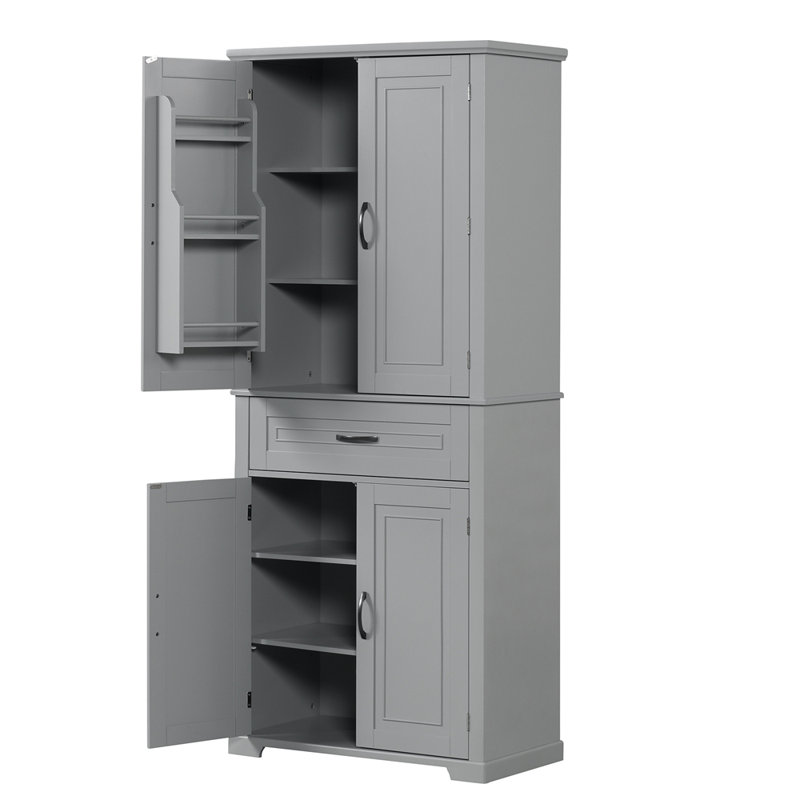 Armoire de rangement pour salle de bain avec portes et tiroir, plusieurs espaces de rangement, tablette réglable, Gris