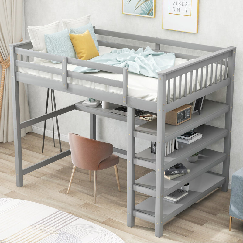 Lit mezzanine double avec tablettes de rangement et bureau sous le lit, Gris