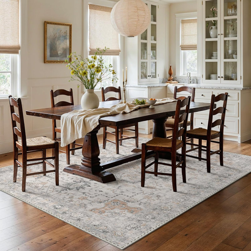 5' x 8' Machine Washable Vintage Area Rug – Low-Pile Non-Slip Chenille Carpet in Light Taupe Brown