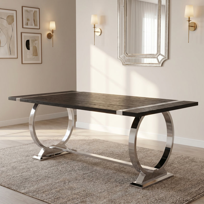 Table de salle à manger rectangulaire moderne avec base en acier inoxydable poli, H 30 po x L 77 po x l 32 po, Noir, Argent