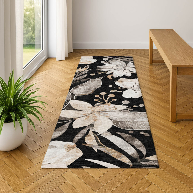 Premium Machine Washable Mayfield AMF2260 Floral Rug, 2'3" x 7'6" Runner, Black