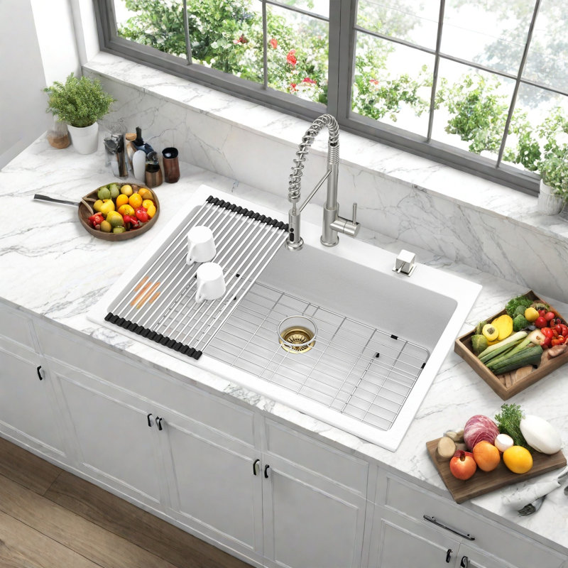 White Quartz Composite Drop-In Kitchen Sink 33x22 Inch – Large Single Bowl, Stain Proof, Durable Quartz