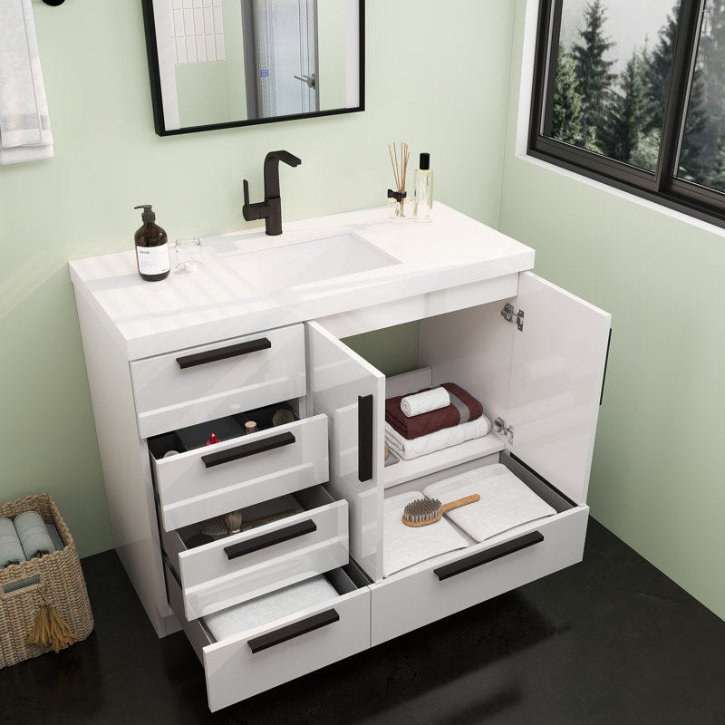 Meuble-lavabo autoportant avec tiroirs latéraux Carla, 42", Blanc brillant