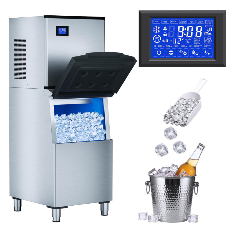 Machine à glaçons commerciale, 480 lb / 24 heures avec bac de rangement de 360 lb, machine à glaçons autoportante en acier inoxydable avec fabrication de glaçons rapide de 8 à 15 minutes et autonettoyante pour les restaurants, les bars et les cafés