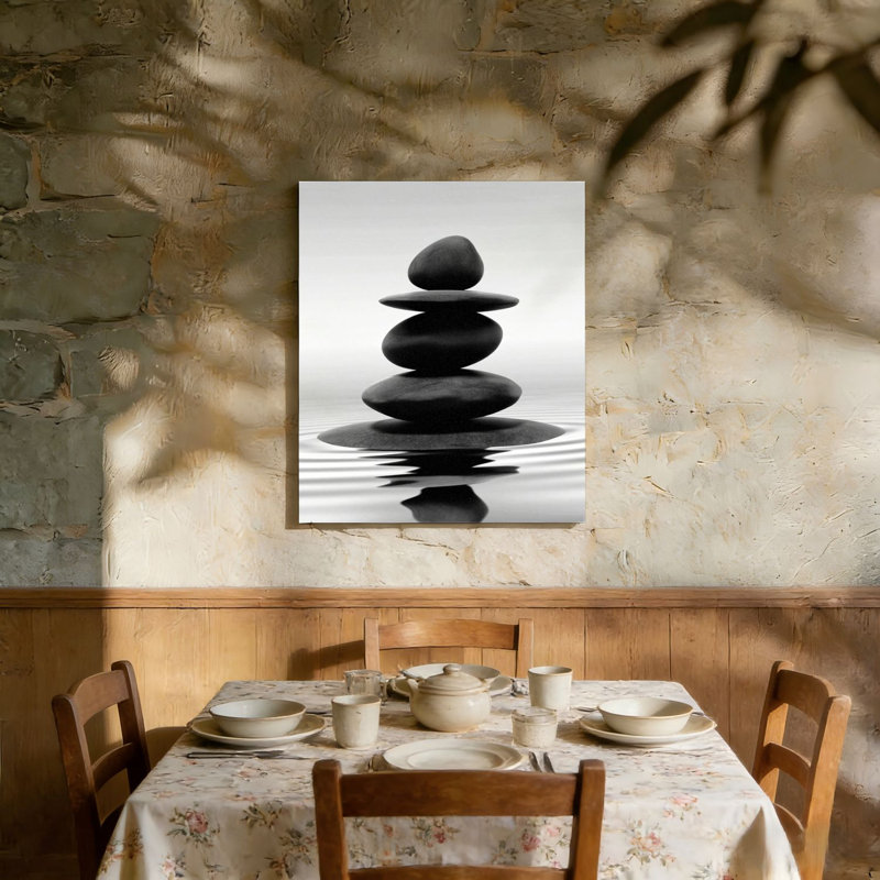 Pierres zen noires et blanches dans une toile d'eau, cadre mural en bois à l'arrière 36 po x 24 po