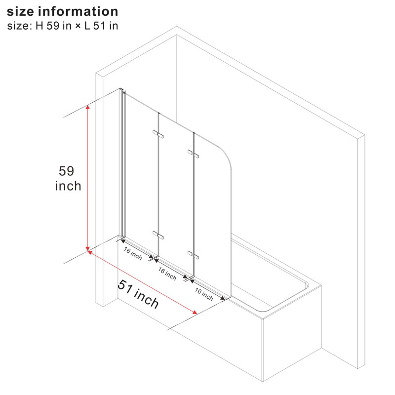 Pare-baignoire pliant 51 po x H 59 po avec porte en verre transparent, Argent