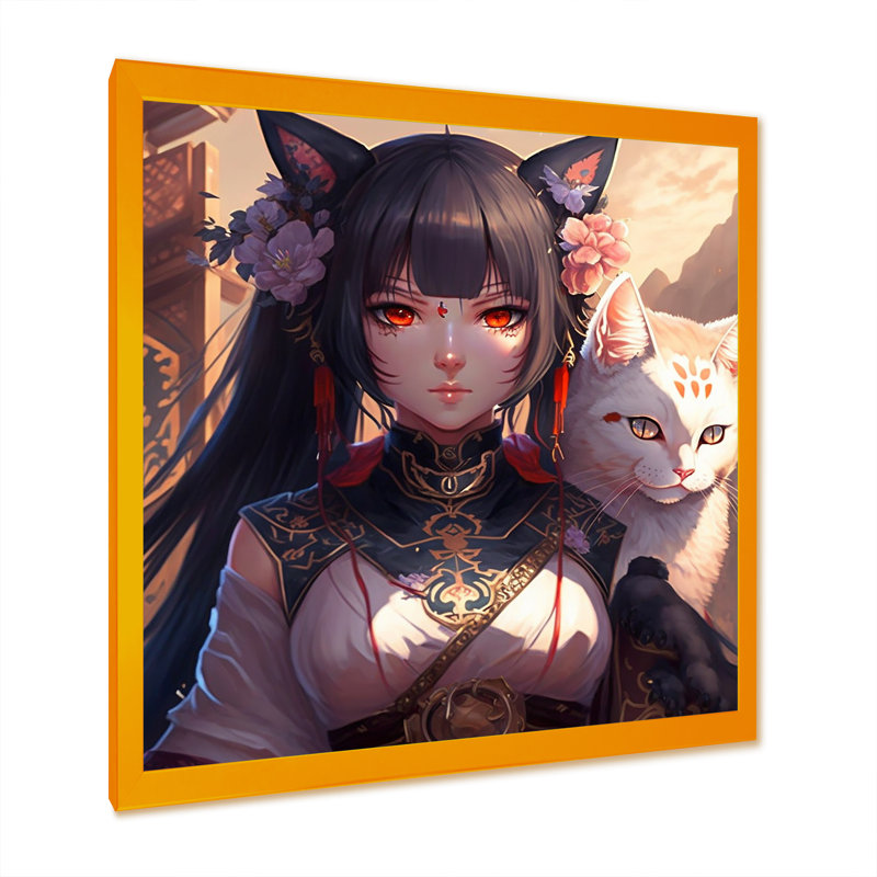Femme d'anime avec un chat blanc - reproduction sur toile, L 16 po x H 16 po, Impression dorée sur toile encadrée