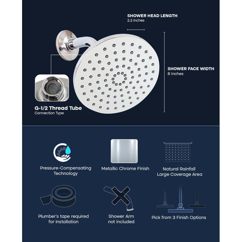 High Pressure Shower Head Rain Shower Head Chrome Plated Modern Design Round Rainfall Showerhead, Single Function Easy To Clean 8" Face