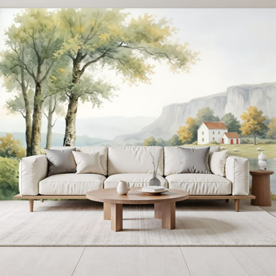 Papier peint adhésif campagne campagne grand paysage de campagne vert forêt grand chêne H 69 po x l 96 po amovible papier peint adhésif mural pour bureau de chambre à coucher bureau à domicile