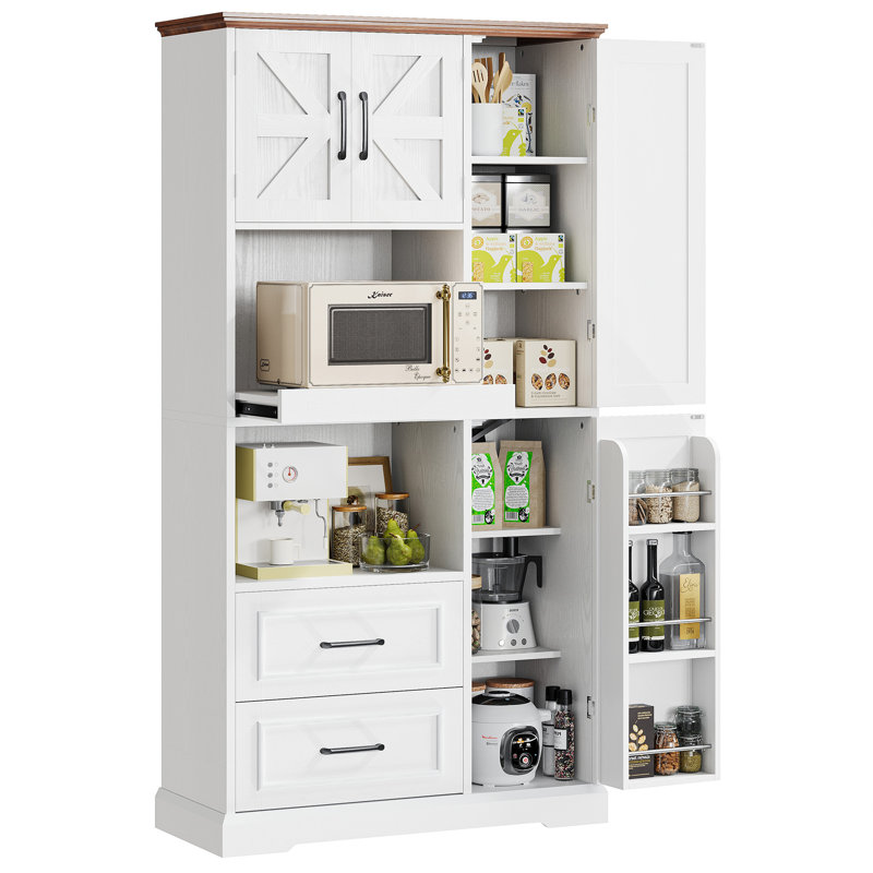 Armoire de cuisine Farmhouse - Support pour micro-ondes, tiroir, 2 portes (bois massif et bois d'ingénierie, tablettes réglables)