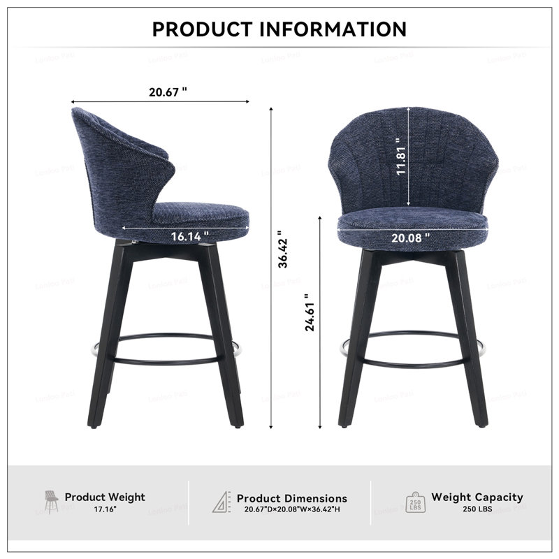 2PCS Chenille 25"Wing Back Swivel Bar Stools, Dark Blue